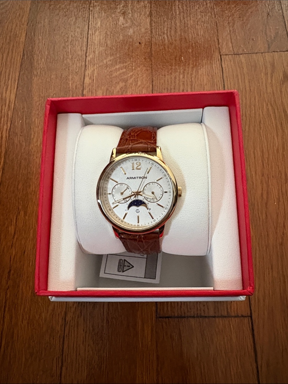 Armitron Gold Tone Watch with White Dial and Brown Leather Strap